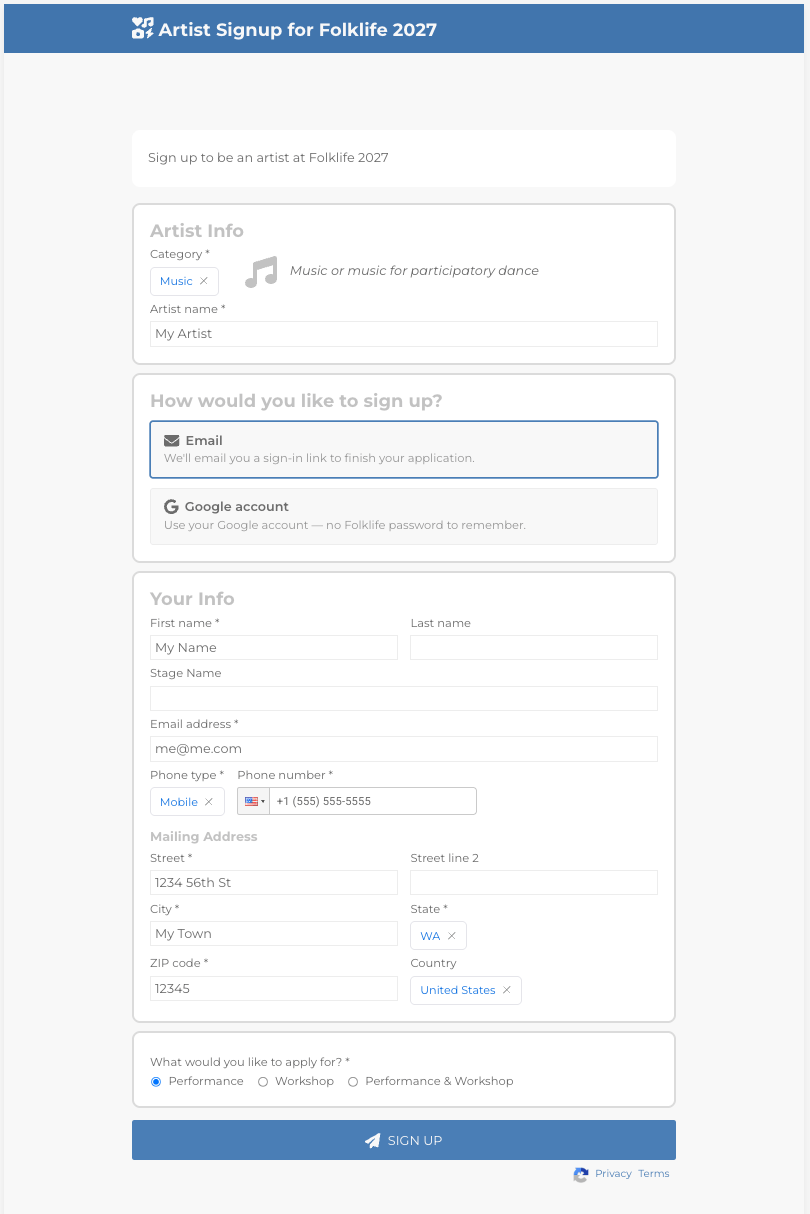 Artist sign-up form